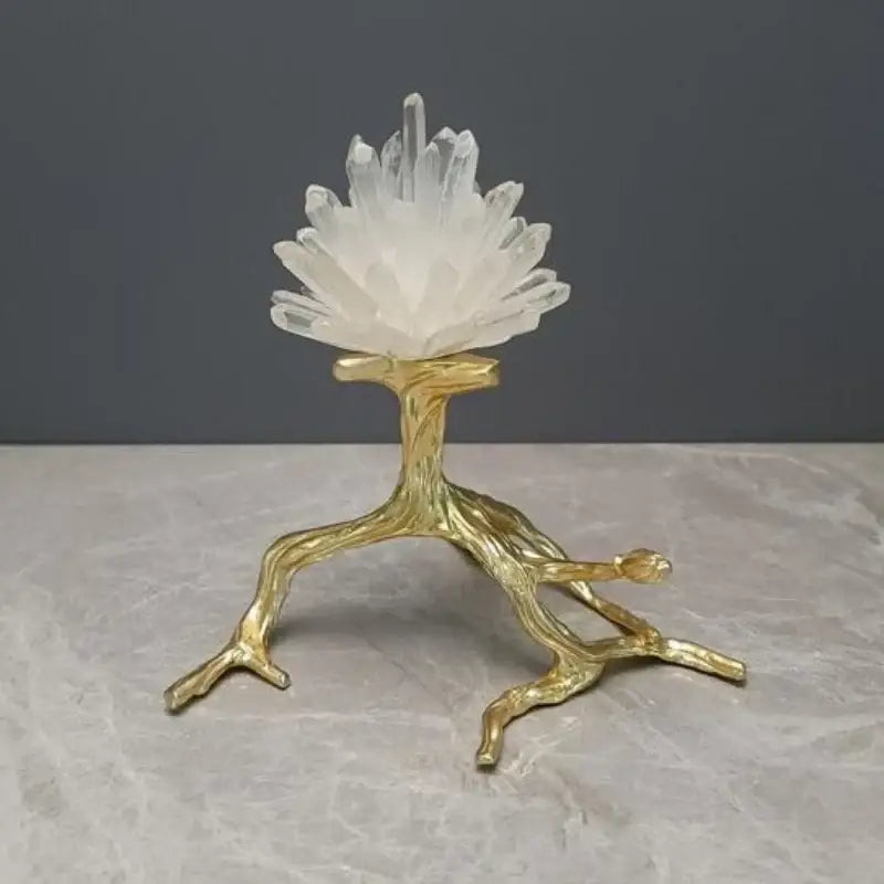 Translucent white quartz crystal stone golden cluster mounted on a golden bird branch stand decorbites crystal stone golden sculpture