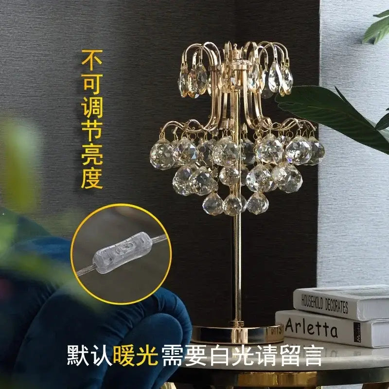 Gold-toned decorbites crystal table lamp with dangling faceted crystals chandelier style for bedroom lighting