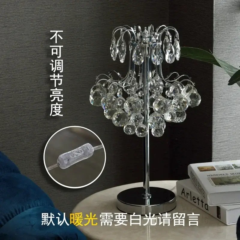 Decorbites crystal table lamp with chrome base and faceted glass droplets for elegant bedroom lighting