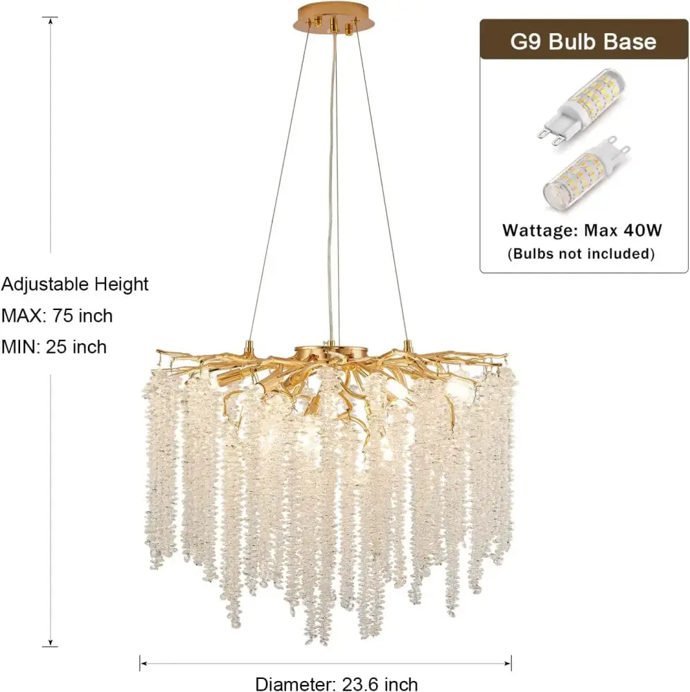 Gold-toned decorbites crystal tassel chandelier with cascading clear crystal strands and g9 bulb base for dining room light