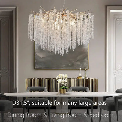 Elegant decorbites crystal tassel gold branch chandelier with clear glass beads for dining room lighting