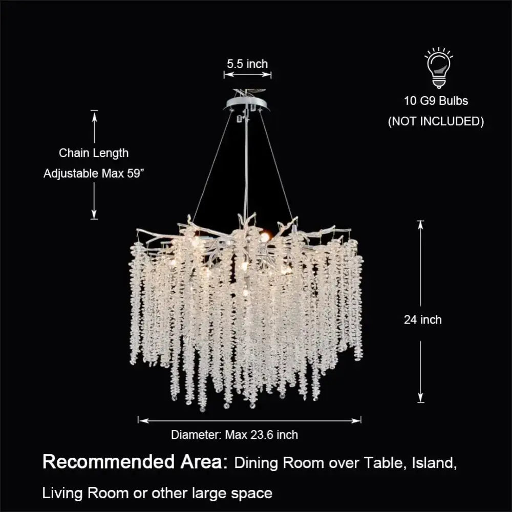 Decorbites crystal tassel gold branch chandelier with silver metal frame and clear faceted crystals for dining room light