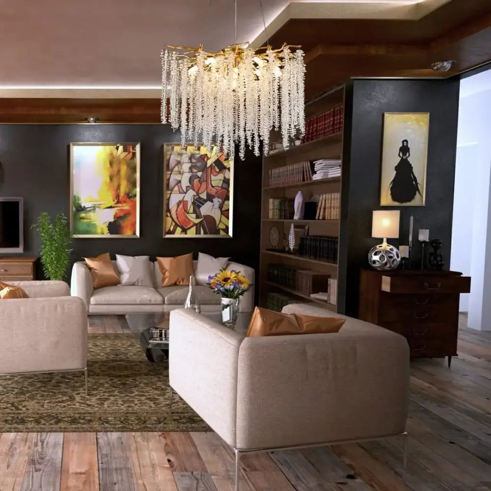 A decorbites crystal tassel gold branch chandelier with cascading clear faceted beads for dining room lighting