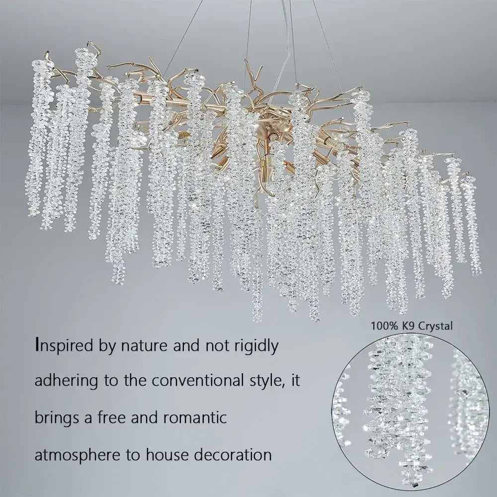 A luxurious gold-toned decorbites crystal tassel chandelier with cascading clear k9 crystals for dining room light