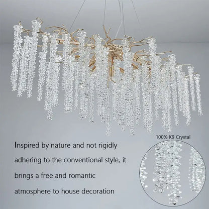 A luxurious gold-toned decorbites crystal tassel chandelier with cascading clear k9 crystals for dining room light