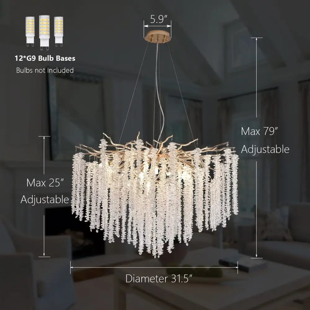 Decorbites crystal tassel gold branch chandelier with golden metal frame and clear glass beads for dining rooms