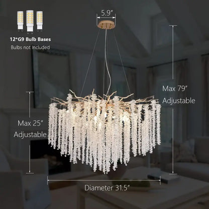 Decorbites crystal tassel gold branch chandelier with golden metal frame and clear glass beads for dining rooms