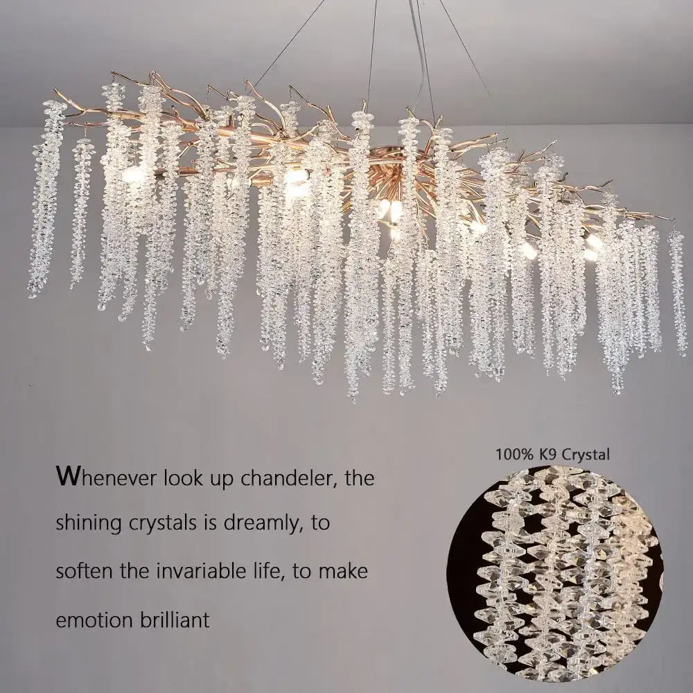Decorbites crystal tassel gold branch chandelier with cascading clear k9 crystal strands on a gold-toned frame
