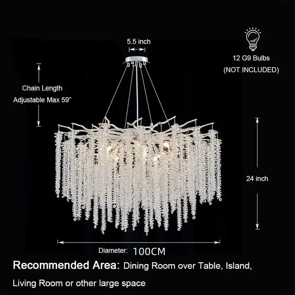 Decorbites crystal tassel gold branch chandelier with cascading clear crystal strands and chrome finish for dining room light