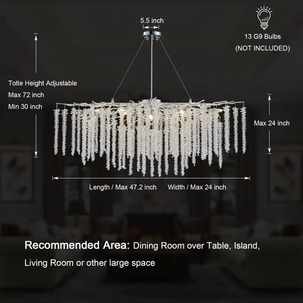A decorbites crystal tassel gold branch chandelier with cascading clear glass beads and sleek chrome fixture for dining room light