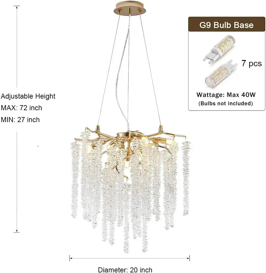 Gold-toned decorbites crystal tassel chandelier with cascading clear crystals and branch design for dining room lighting