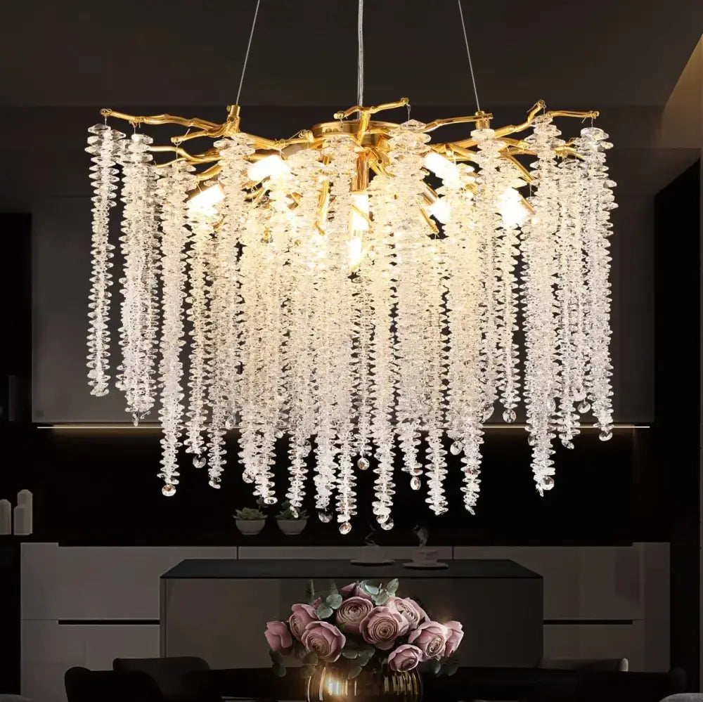 Golden branch-style decorbites crystal tassel chandelier with cascading clear crystal droplets for dining room light