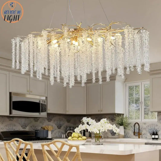 Gold-toned decorbites crystal tassel branch chandelier with cascading clear crystal droplets for dining room light