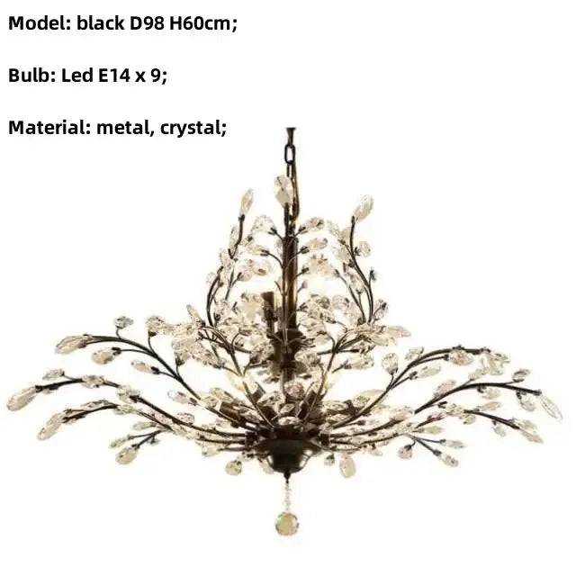 Black metal decorbites crystal tree chandelier with crystal branches and droplets for bedroom lighting