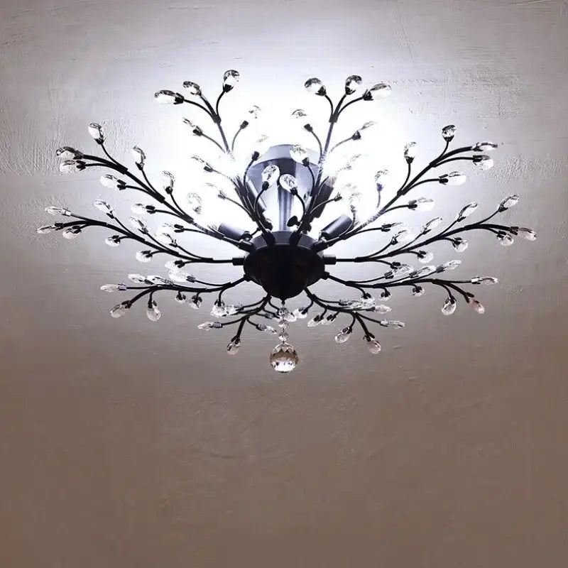 Decorbites crystal tree black chandelier with metal branches and dangling crystals for elegant bedroom lighting