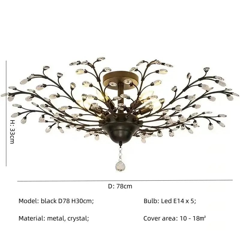 Black metal and crystal branch-style decorbites crystal tree chandelier with brass-toned mounting plate for bedroom lighting