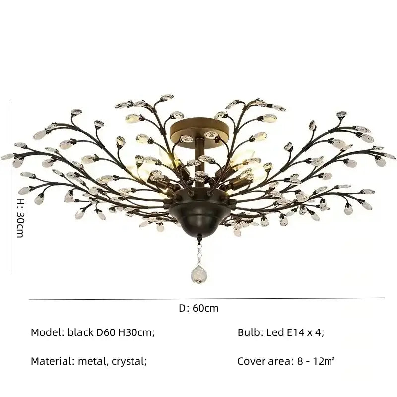 Decorbites crystal tree black chandelier with crystal beads and brass-toned mounting plate for bedroom lighting