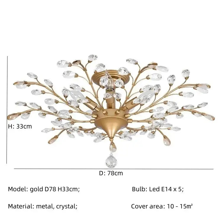 Gold-toned crystal tree chandelier by decorbites with branching arms and dangling teardrop crystals for bedroom lighting