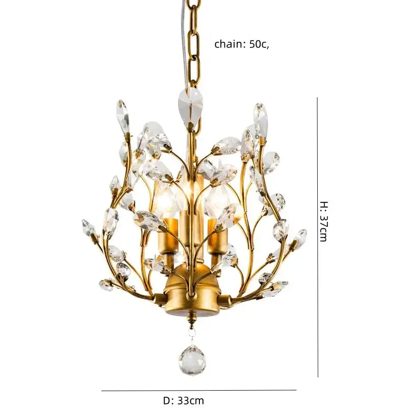 Gold-toned decorbites crystal tree chandelier with branch-like arms, clear crystal leaves, and teardrop pendant for bedroom light