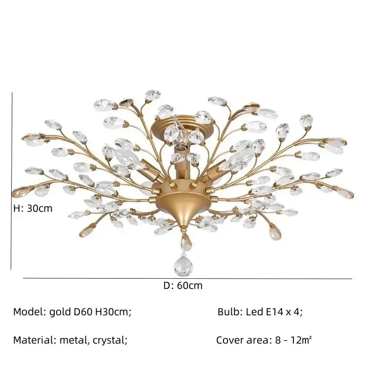 Gold-toned decorbites crystal tree chandelier with branching metal arms and faceted crystal beads for bedroom light