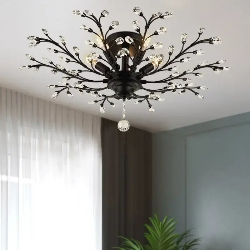 Black wrought iron decorbites crystal tree chandelier with crystal accents and dangling pendant for bedroom light