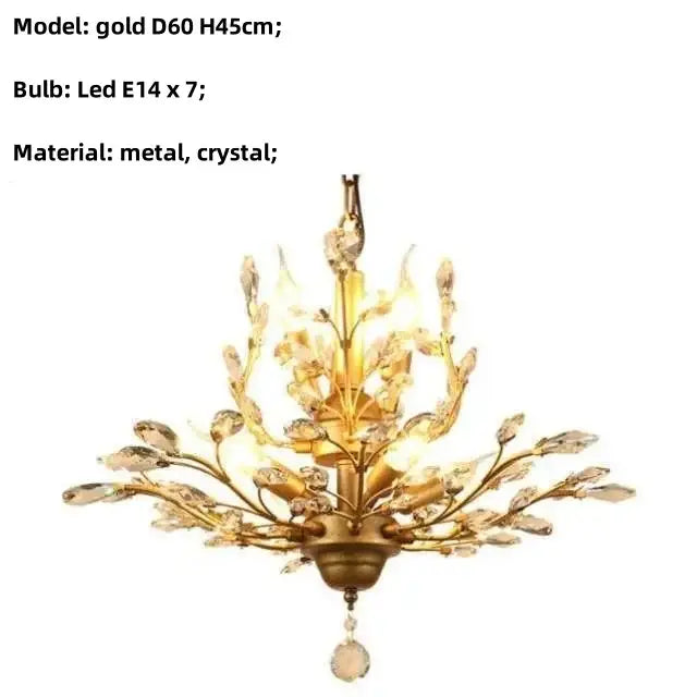 Gold-colored decorbites crystal tree chandelier with intricate crystal leaf and branch design for bedroom lighting