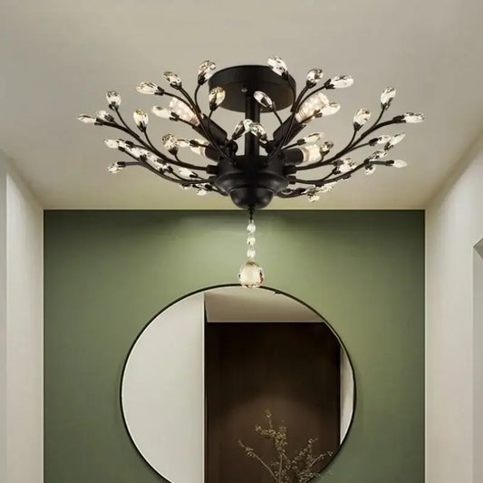 Black wrought iron decorbites crystal tree chandelier with crystal accents and dangling beads for bedroom lighting