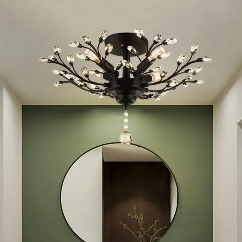Black wrought iron decorbites crystal tree chandelier with crystal accents and dangling beads for bedroom lighting