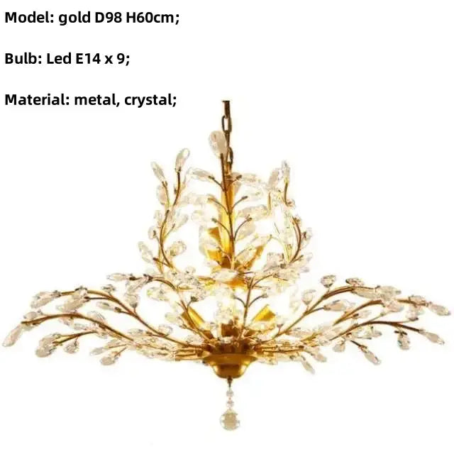 Gold-colored decorbites crystal tree chandelier with intricate crystal branches and dangling crystal pendant for bedroom light