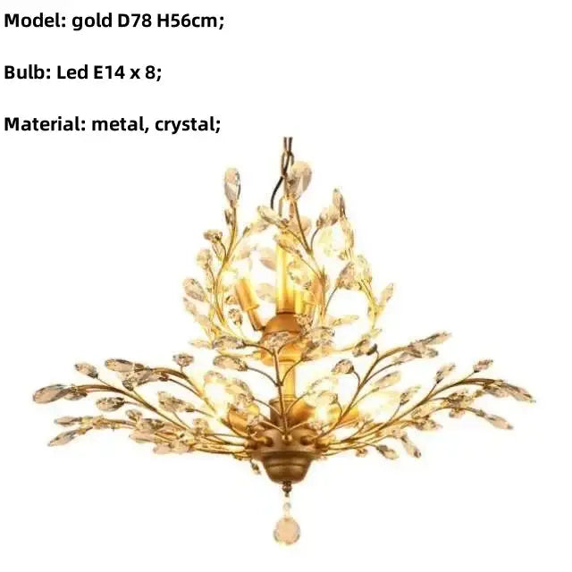 Gold-colored decorbites crystal tree chandelier with intricate branch metalwork and clear crystal leaves for bedroom light