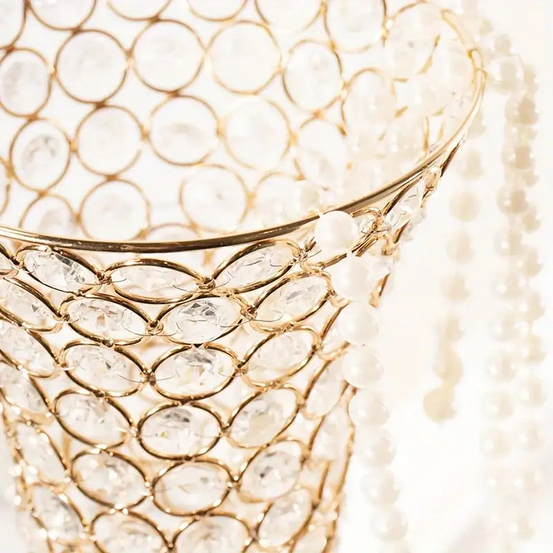 Gold-toned crystal mesh vase with dangling white pearls from DecorBites™ set for dining tables and home decor