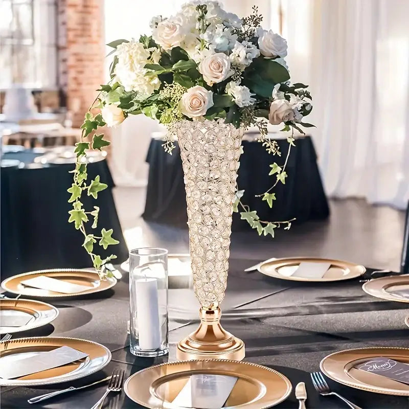 Decorbites crystal vases set features a tall crystal vase with gold base holding white roses for dining tables and home decor