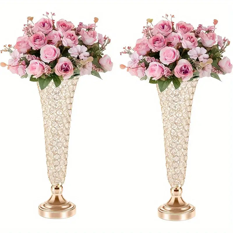 Two crystal vases with gold bases and pink purple artificial roses for dining tables and home decor by decorbites