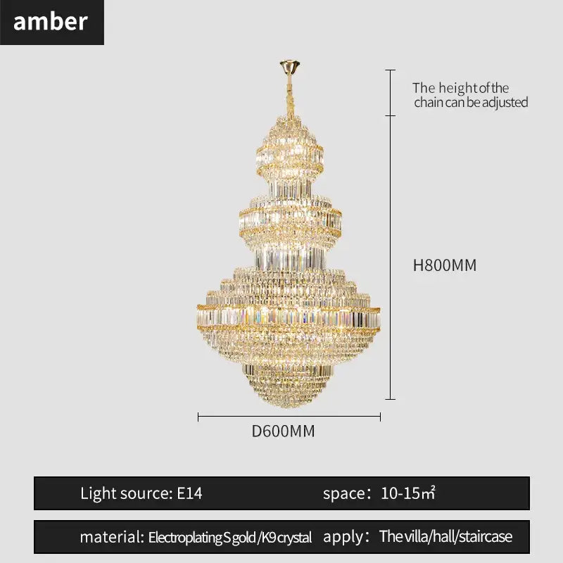 Gold electroplated decorbites crystal villa chandelier with multiple tiers of clear k9 crystal for living room lighting
