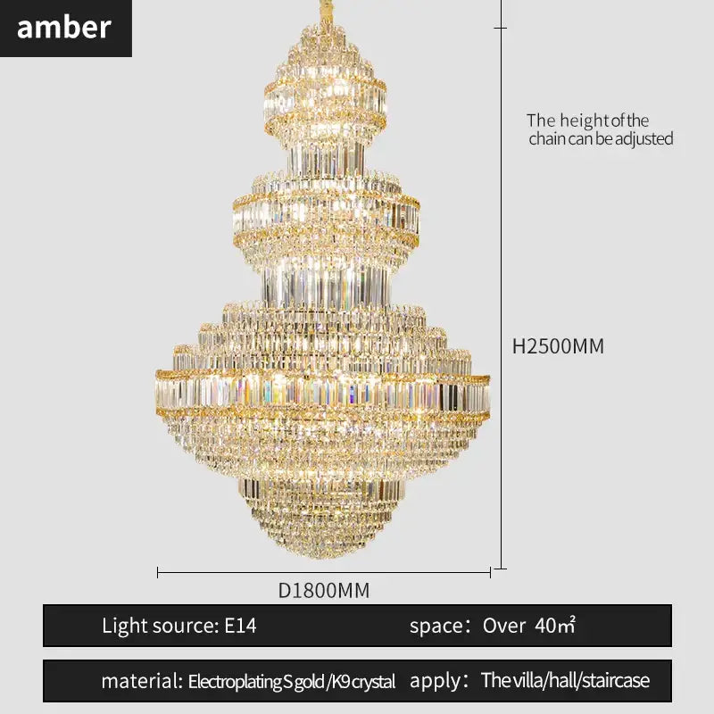 Golden tiered decorbites crystal villa chandelier with cascading crystal elements and adjustable height for living room lighting