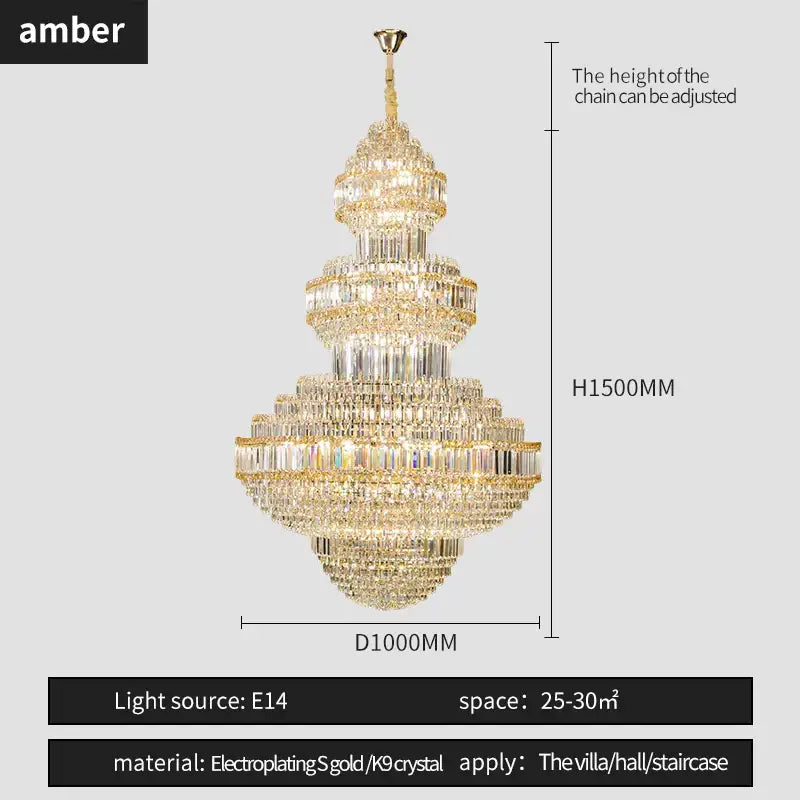 Golden electroplated decorbites crystal villa chandelier with clear k9 crystal tiers for elegant living room lighting