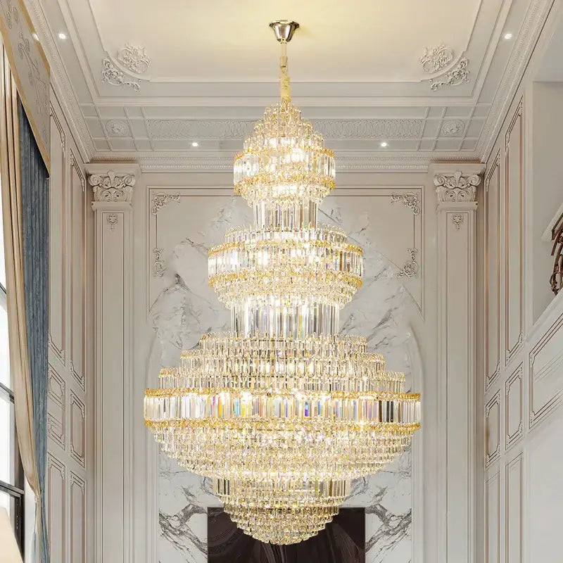 Decorbites crystal villa gold chandelier featuring cascading clear faceted crystals for elegant living room lighting