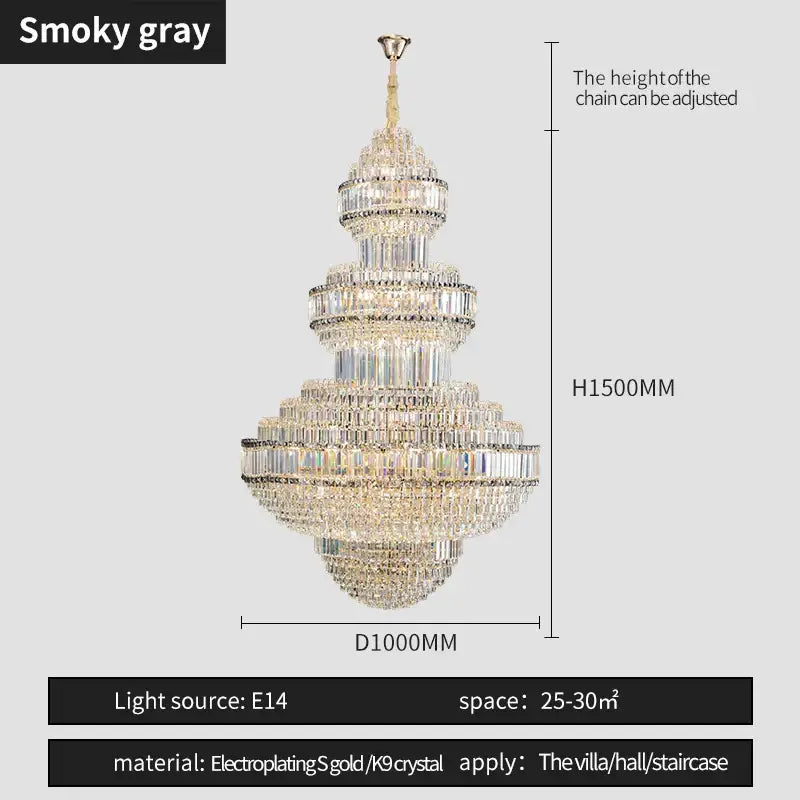 A multi-tiered smoky gray decorbites crystal villa chandelier with electroplated gold accents and k9 crystals for living room lighting