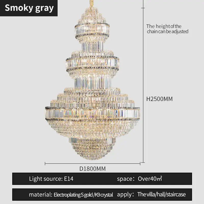 A multi-tiered decorbites crystal villa chandelier with clear crystals and electroplated gold finish for living room lighting