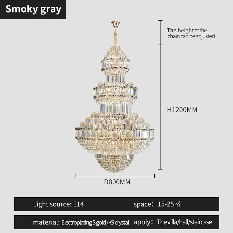 A decorbites crystal villa gold chandelier featuring a multi-tiered smoky gray design with cascading crystals for living room lighting
