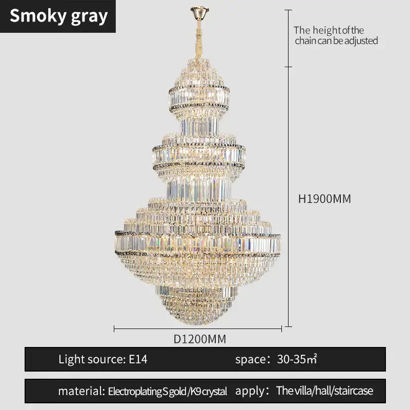 Smokey gray tiered decorbites crystal villa chandelier with electroplated gold and k9 crystal for living room lighting