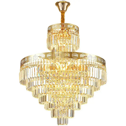 Golden decorbites crystal villa chandelier with cascading clear crystal prisms and ornate crown motifs for staircases