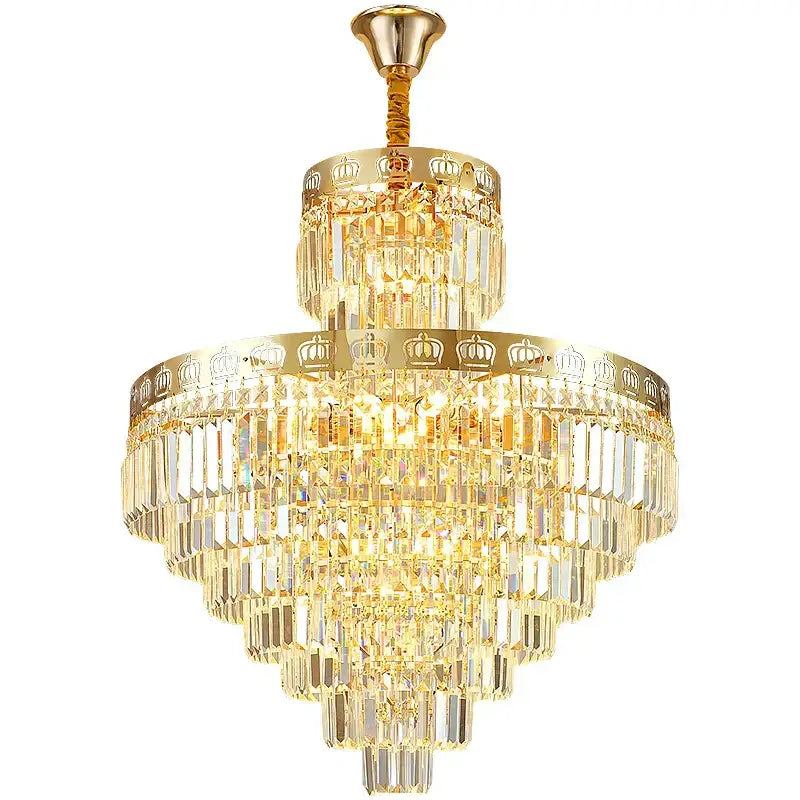 Golden decorbites crystal villa chandelier with cascading clear crystal prisms and ornate crown motifs for staircases