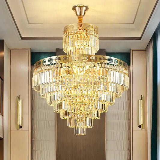 Decorbites crystal villa golden crown chandelier with multi-tiered gold frame and cascading crystal prisms for staircase lighting
