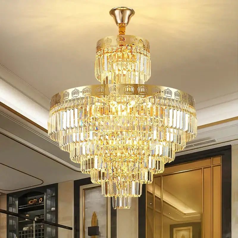 Decorbites crystal villa golden crown chandelier with multi-tiered golden metal frames and cascading crystal prisms