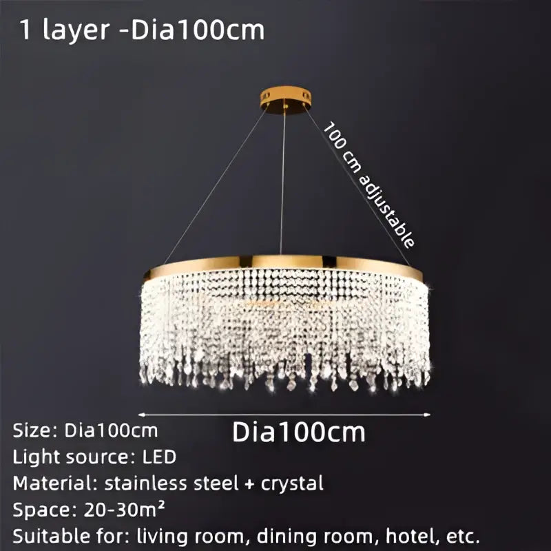 Luxurious gold-toned decorbites crystal waterfall chandelier with cascading crystals and stainless steel frame, adjustable 100cm diameter