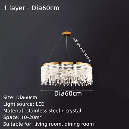A luxurious gold decorbites crystal waterfall chandelier with cascading crystal droplets and led lights for dining rooms