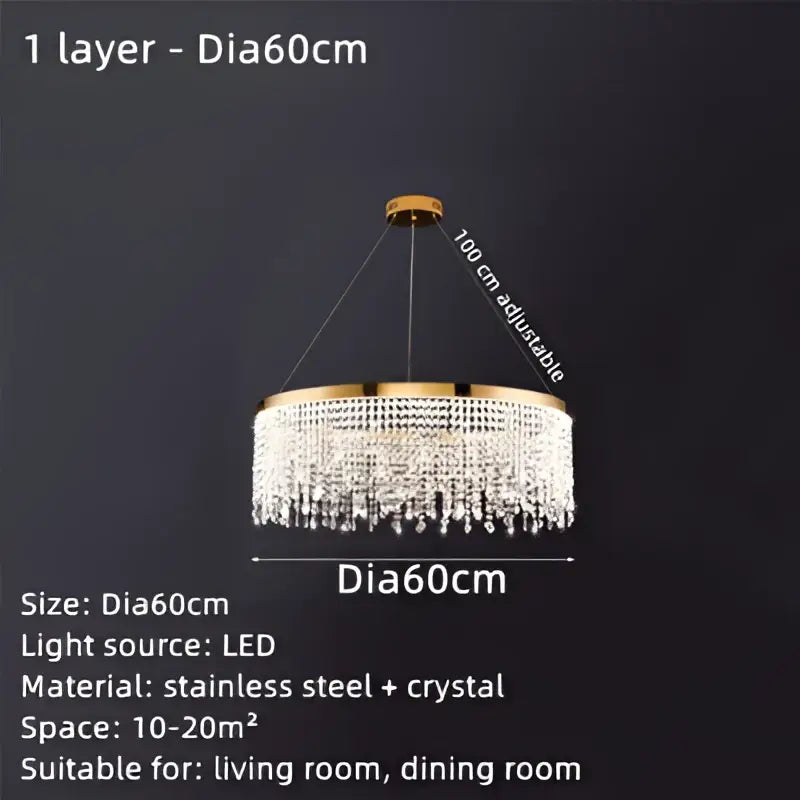 A luxurious gold decorbites crystal waterfall chandelier with cascading crystal droplets and led lights for dining rooms