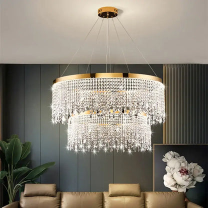 Decorbites crystal waterfall chandelier with gold finish frame and cascading clear crystals for dining room light