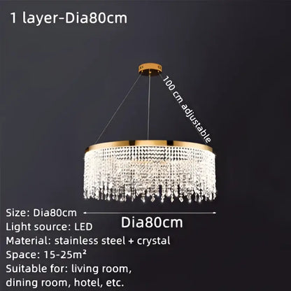 Gold-toned decorbites crystal waterfall chandelier with multiple crystal tiers crafted from stainless steel for dining rooms